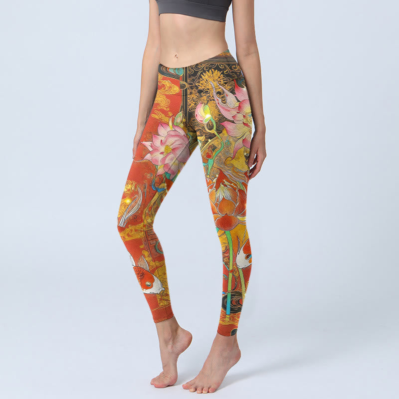 Leggings da palestra con stampa Buddha Stones Koi Fish Lotus Cloud Pattern, pantaloni da yoga da donna - Pomodoro - US18, UK/AU22, EU50 (4XL) - image 0