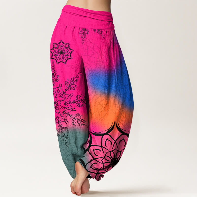 Pantaloni harem da donna con elastico in vita e motivo mandala in cotone dai colori vivaci, con Buddha Stones - image 1