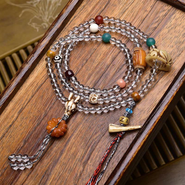 Buddha Stones 108 perline Liuli Crystal Dzi Bead Agata Blessing Nappa Mala - Ciondolo in osso di cammello - 6 millimetri - image 14
