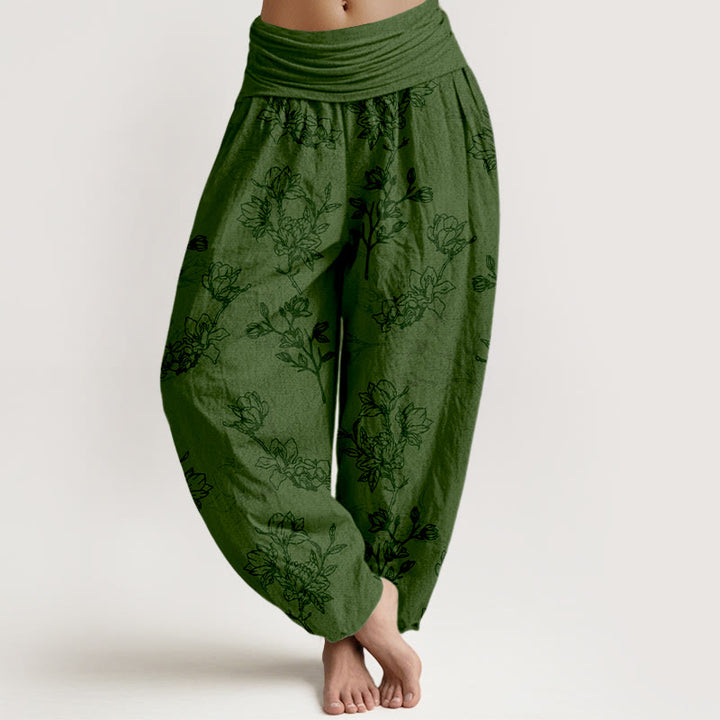 Pantaloni harem da donna con elastico in vita e motivo a boccioli di fiori in cotone con Buddha Stones - Verde scuro - US16, UK/AU20, EU48 (3XL) - image 0