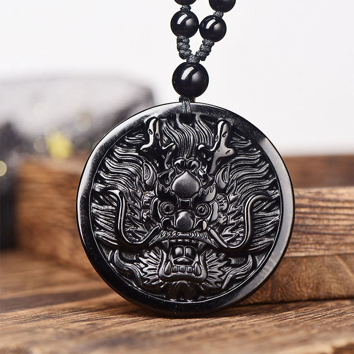 Collana con ciondolo di trasformazione e realizzazione Buddha Stones Dragon Black Obsidian - Ossidiana nera con catena di perline - image 0
