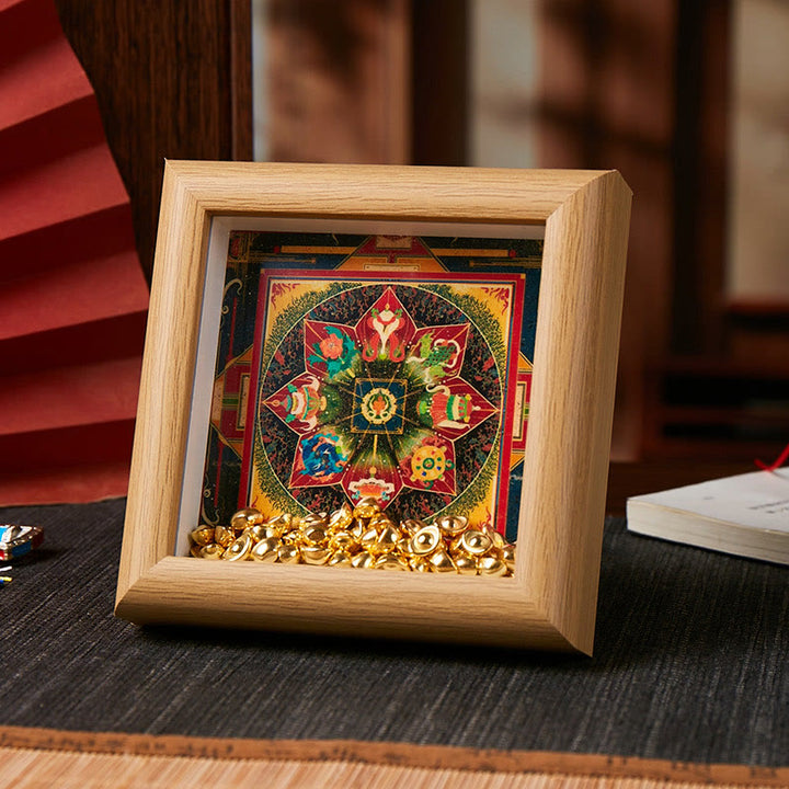 Ornamento per la casa, cornice per foto in lingotto dorato Thangka, Buddha Stones tibetane Om Mani Padme Hum - Stile 3 - Pannello di fibra a media densità giallo (10*10*4cm) - image 4