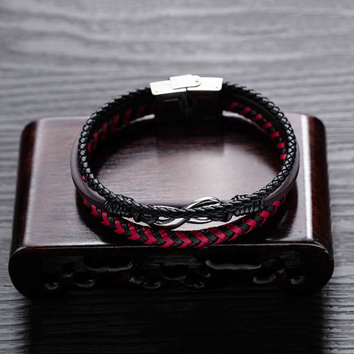 Bracciale in pelle intrecciata a tre strati con design Buddha Stones Infinitely in titanio e acciaio - image 7