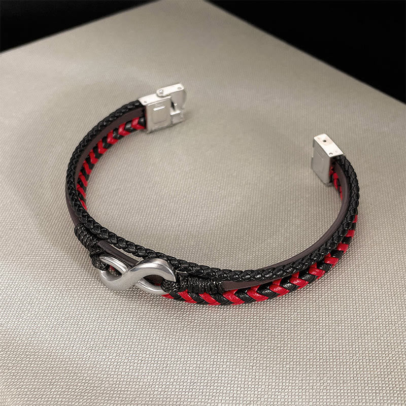 Bracciale in pelle intrecciata a tre strati con design Buddha Stones Infinitely in titanio e acciaio - image 4
