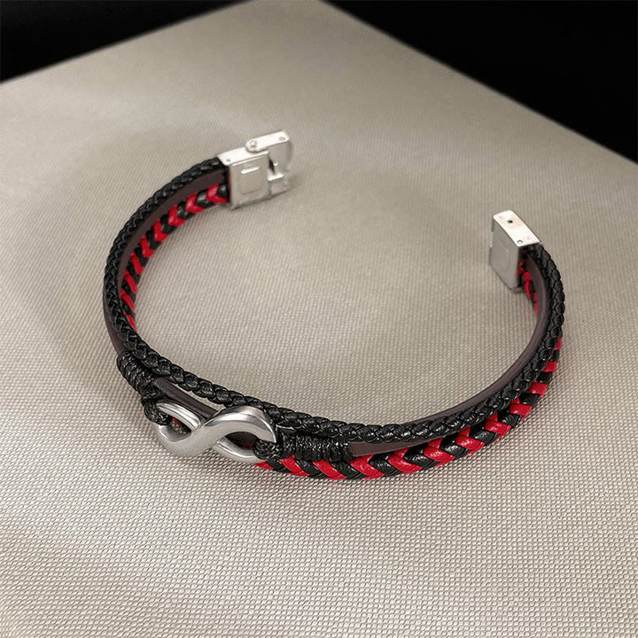 Bracciale in pelle intrecciata a tre strati con design Buddha Stones Infinitely in titanio e acciaio - image 4
