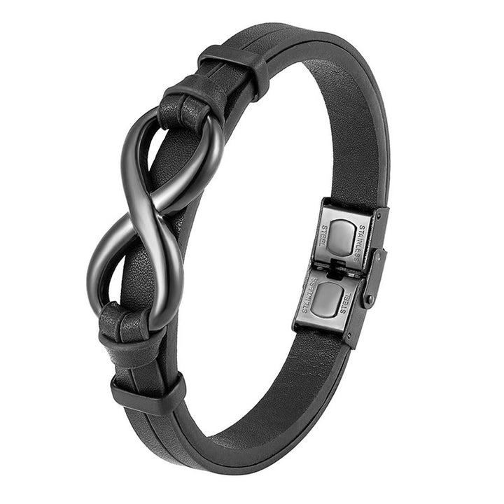 Bracciale Buddha Stones Infinily Design in acciaio al titanio con un solo strato di pelle - Nero (circonferenza polso: 18-22 cm) - image 0
