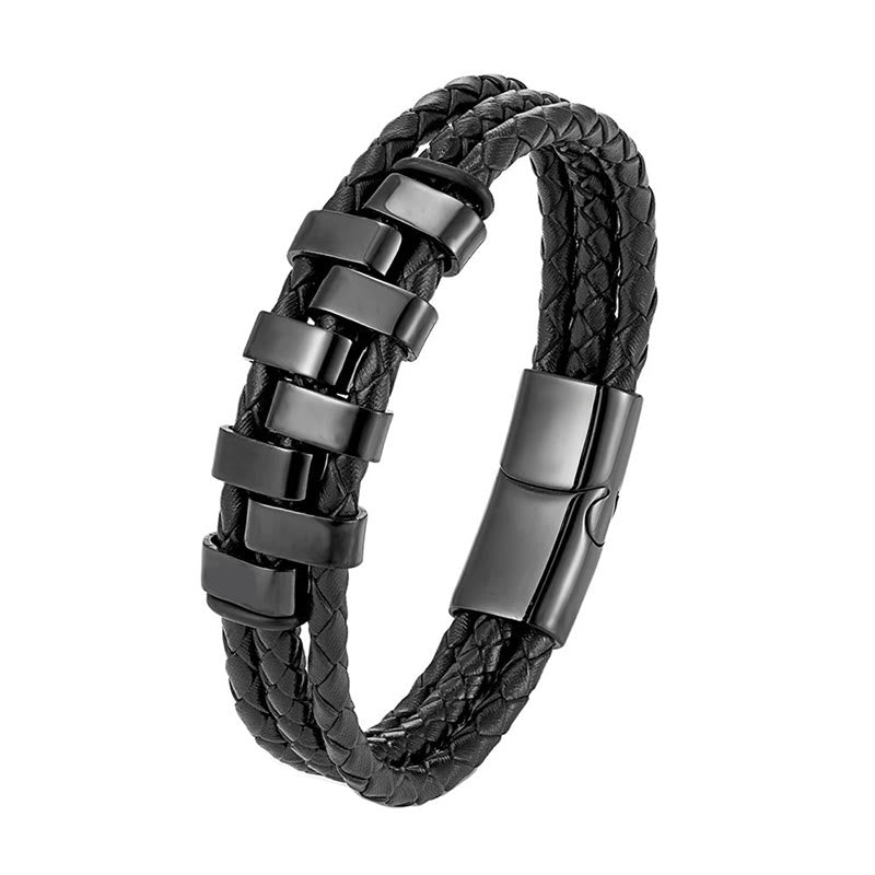 Bracciale rinforzato in pelle, acciaio al titanio Buddha Stones con design geometrico - Nero (circonferenza polso: 18-22 cm) - image 1