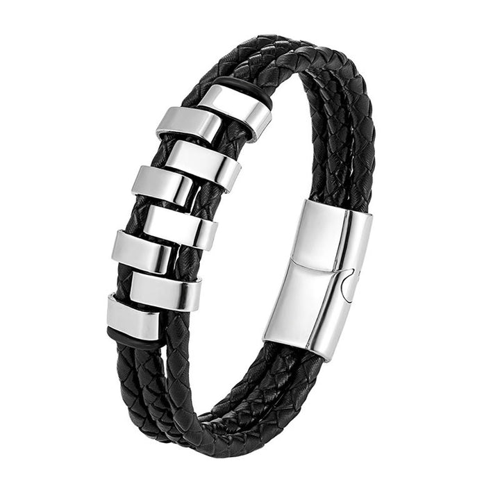 Bracciale rinforzato in pelle, acciaio al titanio Buddha Stones con design geometrico - Argento (circonferenza del polso: 18-22 cm) - image 5