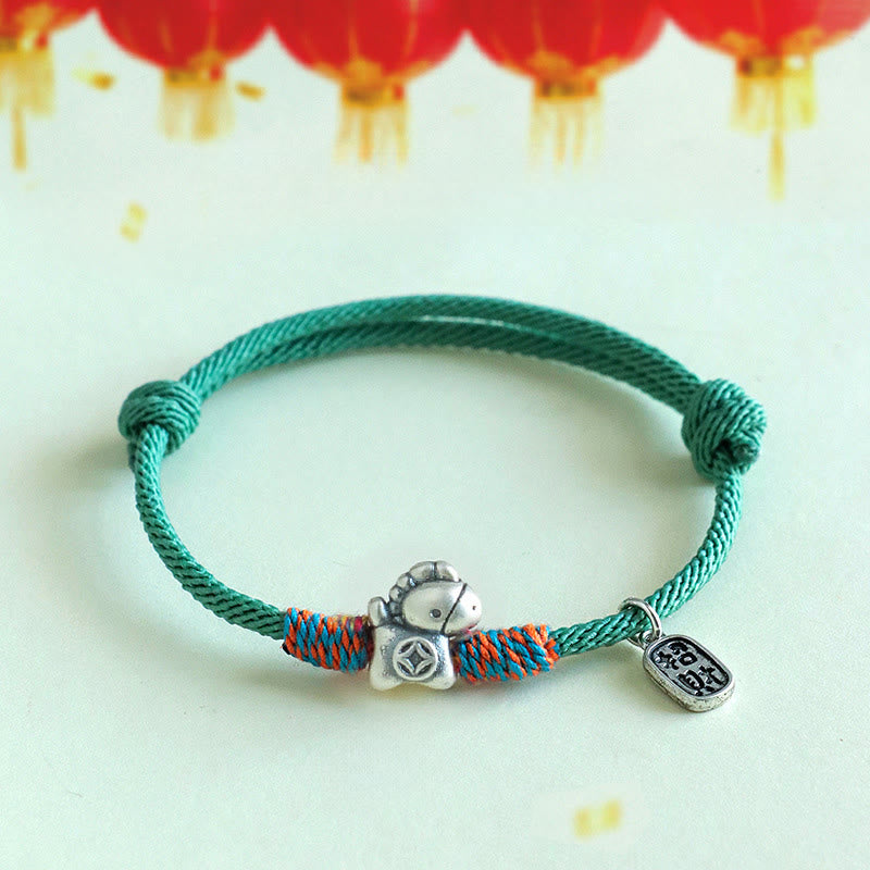 Braccialetto portafortuna con corda e corda in argento sterling 999 Buddha Stones e carattere Fu dell'anno del cavallo - Corda verde (circonferenza del polso: 14-19 cm) - image 18