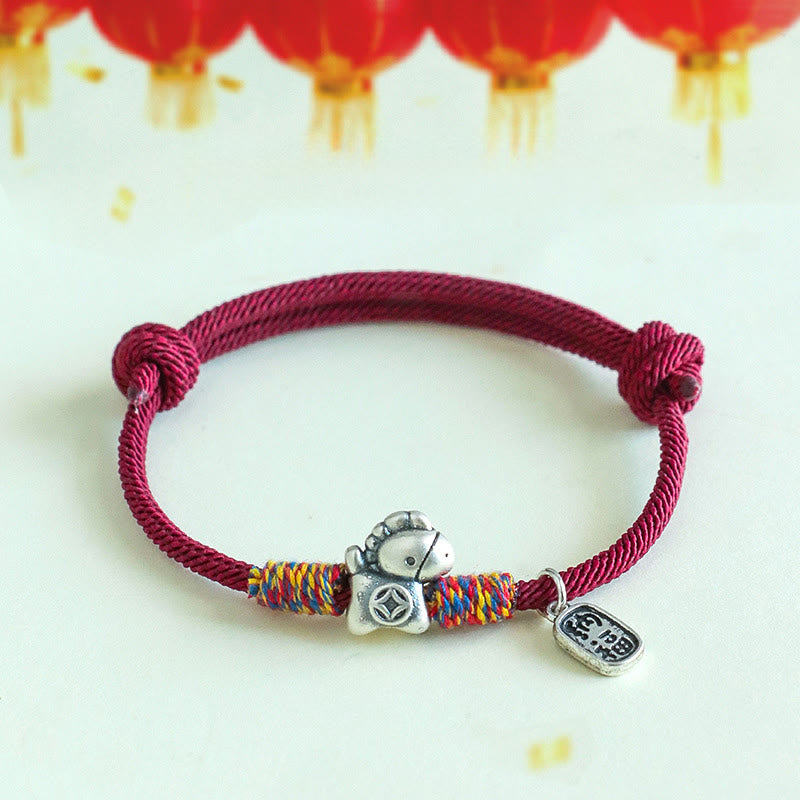 Braccialetto portafortuna con corda e corda in argento sterling 999 Buddha Stones e carattere Fu dell'anno del cavallo - Corda rosso scuro (circonferenza del polso: 14-19 cm) - image 1