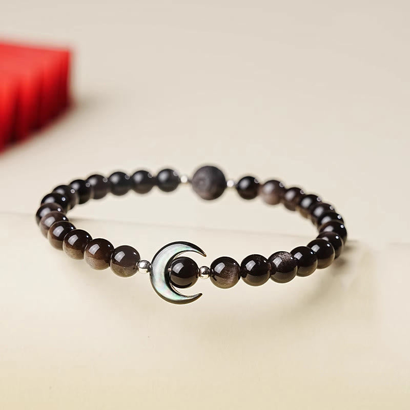 Braccialetto di perline di protezione in ossidiana lucida d'argento naturale con design a luna Buddha Stones - Ossidiana argentata (circonferenza del polso: 15-17 cm) - image 0