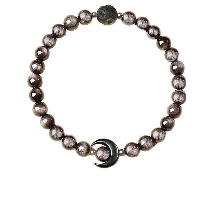 Braccialetto di perline di protezione in ossidiana lucida d'argento naturale con design a luna Buddha Stones - image 5