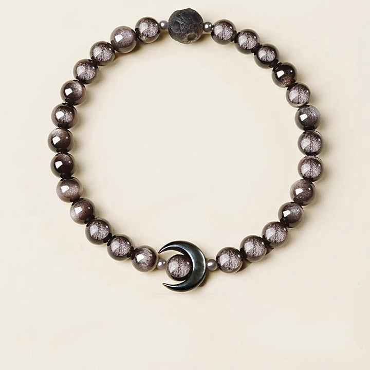 Braccialetto di perline di protezione in ossidiana lucida d'argento naturale con design a luna Buddha Stones - image 3