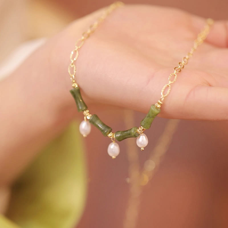 Collana con ciondolo in giada e bambù con perle, abbondanza e ricchezza, Buddha Stones Tianshan - Giada Tianshan (dimensioni: 5*12 mm) - image 1
