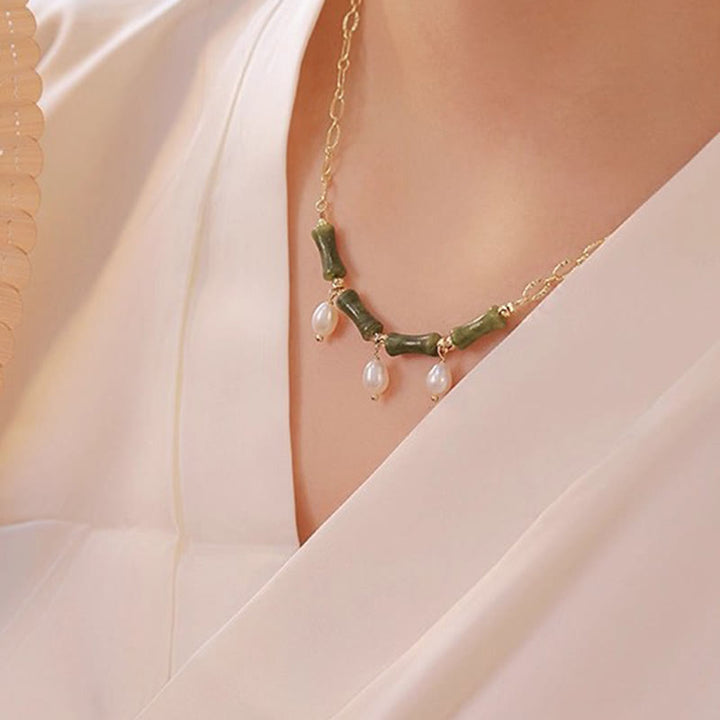 Collana con ciondolo in giada e bambù con perle, abbondanza e ricchezza, Buddha Stones Tianshan - image 9