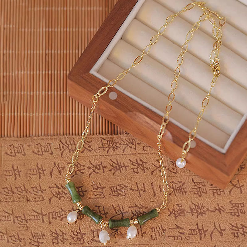 Collana con ciondolo in giada e bambù con perle, abbondanza e ricchezza, Buddha Stones Tianshan - image 2