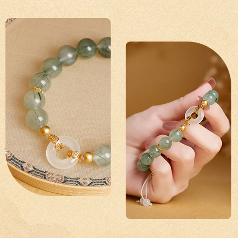 Bracciale Buddha Stones in argento sterling 925, quarzo rutilato verde, calcedonio bianco, fibbia della pace e coraggio - image 8