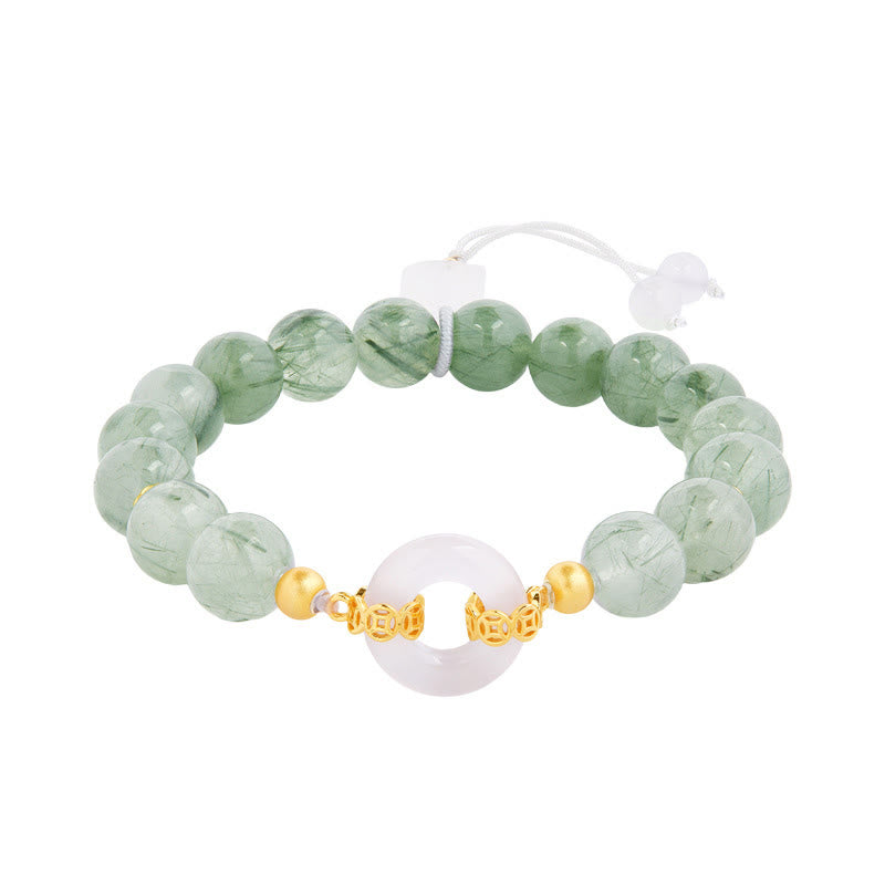 Bracciale Buddha Stones in argento sterling 925, quarzo rutilato verde, calcedonio bianco, fibbia della pace e coraggio - image 4