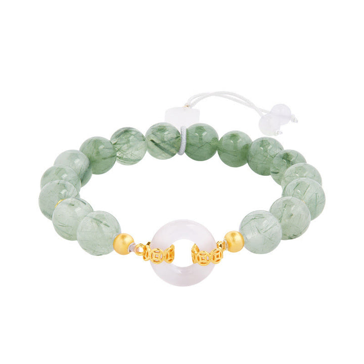 Bracciale Buddha Stones in argento sterling 925, quarzo rutilato verde, calcedonio bianco, fibbia della pace e coraggio - image 4