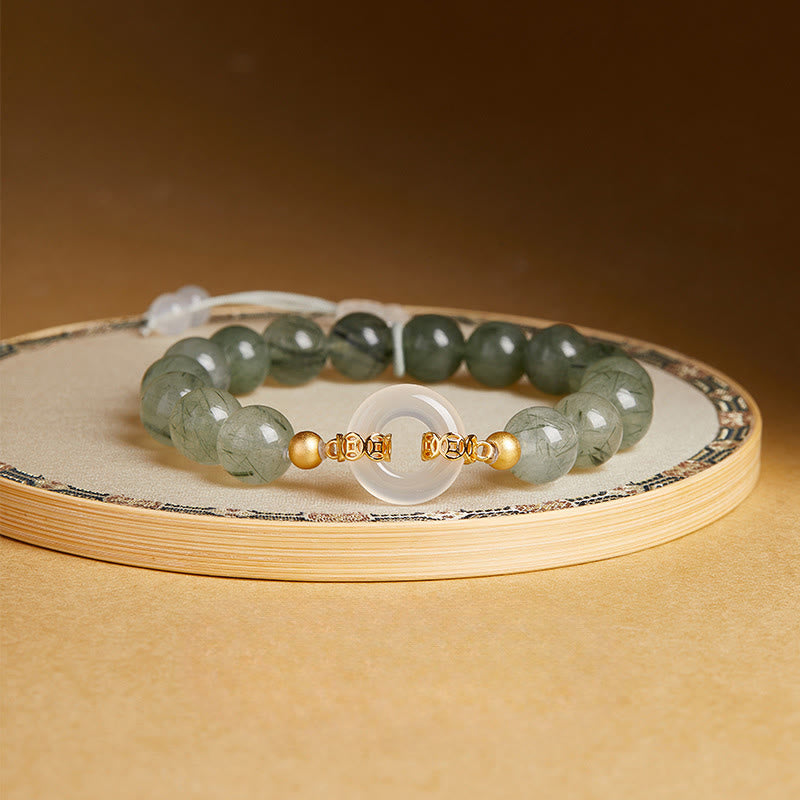 Bracciale Buddha Stones in argento sterling 925, quarzo rutilato verde, calcedonio bianco, fibbia della pace e coraggio - Quarzo rutilato verde (circonferenza del polso: 15-17 cm) - image 0