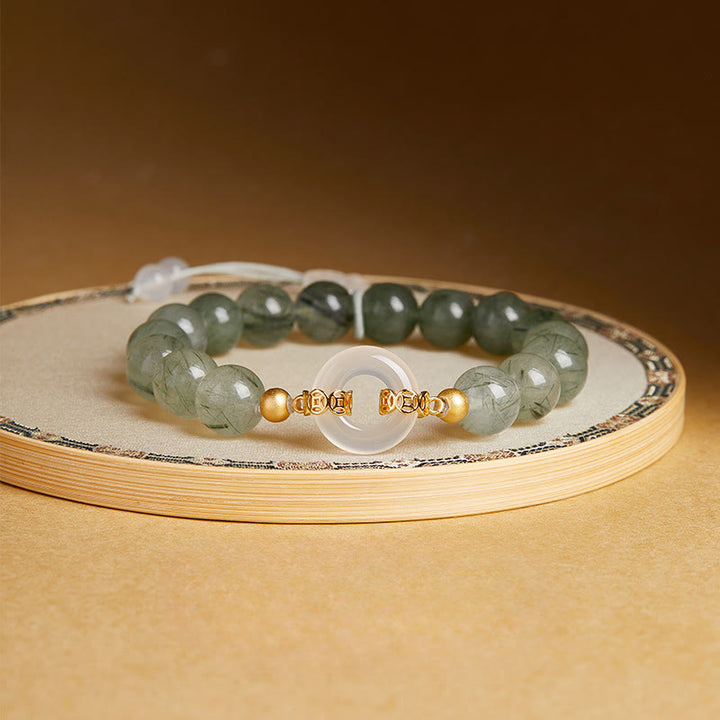 Bracciale Buddha Stones in argento sterling 925, quarzo rutilato verde, calcedonio bianco, fibbia della pace e coraggio - Quarzo rutilato verde (circonferenza del polso: 15-17 cm) - image 0