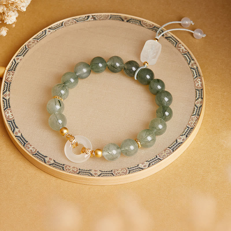 Bracciale Buddha Stones in argento sterling 925, quarzo rutilato verde, calcedonio bianco, fibbia della pace e coraggio - image 1