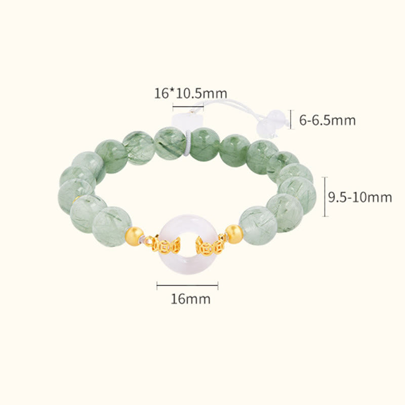 Bracciale Buddha Stones in argento sterling 925, quarzo rutilato verde, calcedonio bianco, fibbia della pace e coraggio - image 3