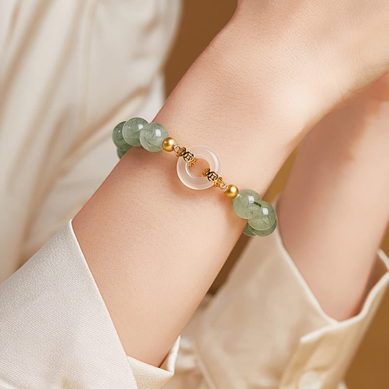 Bracciale Buddha Stones in argento sterling 925, quarzo rutilato verde, calcedonio bianco, fibbia della pace e coraggio - image 9