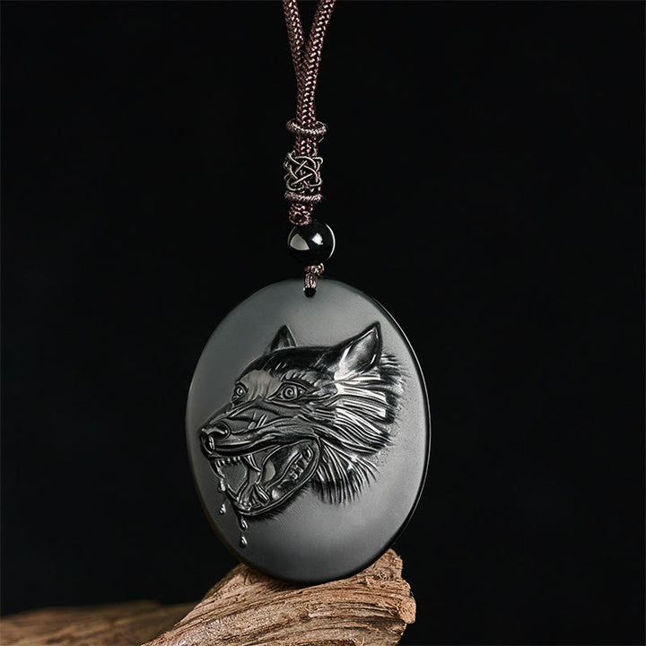 Collana con ciondolo a forma di testa di lupo in ossidiana nera naturale Buddha Stones e forza - image 2