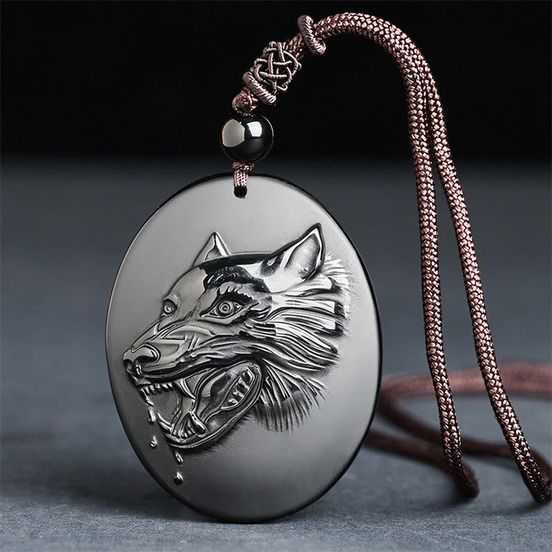 Collana con ciondolo a forma di testa di lupo in ossidiana nera naturale Buddha Stones e forza - Ossidiana nera (dimensioni del pendente: 52*41 mm) - image 0
