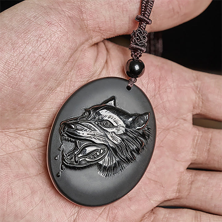 Collana con ciondolo a forma di testa di lupo in ossidiana nera naturale Buddha Stones e forza - image 6