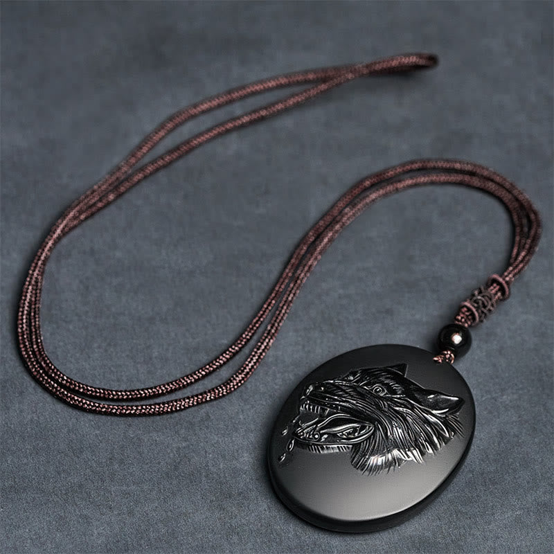 Collana con ciondolo a forma di testa di lupo in ossidiana nera naturale Buddha Stones e forza - image 7