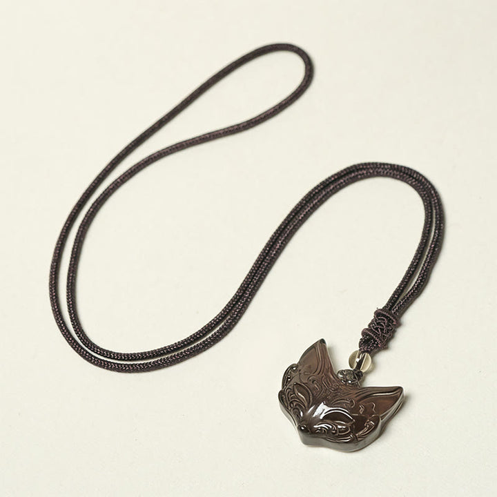 Collana con ciondolo in ossidiana di ghiaccio e ossidiana lucida color argento con design a forma di volpe Buddha Stones in rilievo - image 13