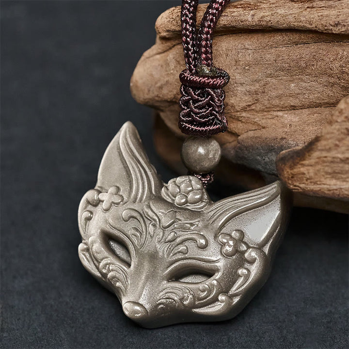 Collana con ciondolo in ossidiana di ghiaccio e ossidiana lucida color argento con design a forma di volpe Buddha Stones in rilievo - Ossidiana argentata (dimensioni del ciondolo: 29*31 mm) - image 0