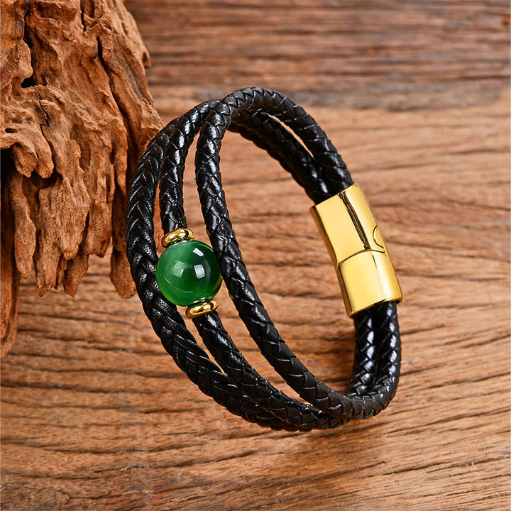 Bracciale in pelle intrecciata con perline multicolori, ametista e lazurite, con sei vere parole, Buddha Stones - Occhio di tigre verde - 18-22 cm - image 0
