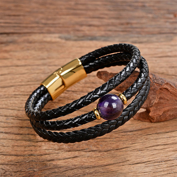 Bracciale in pelle intrecciata con perline multicolori, ametista e lazurite, con sei vere parole, Buddha Stones - Occhio di tigre viola - 18-22 cm - image 14