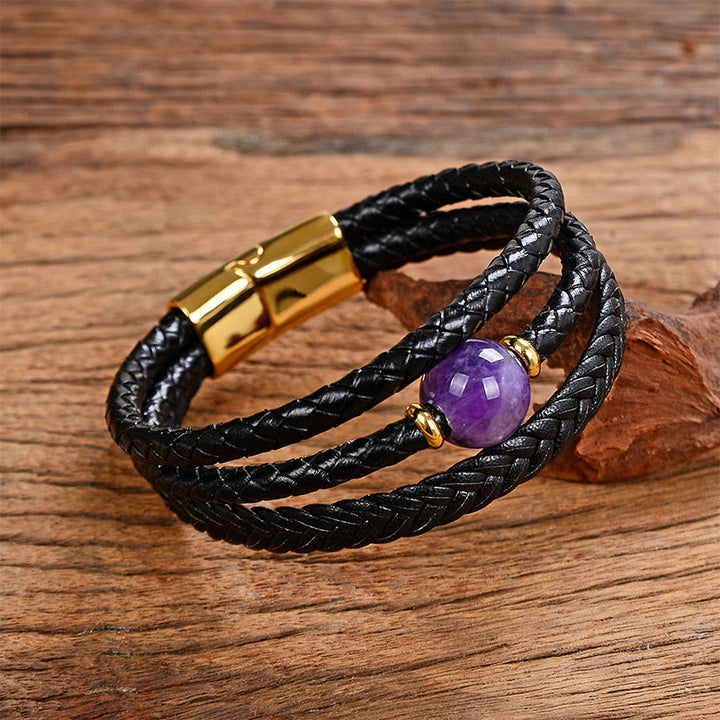 Bracciale in pelle intrecciata con perline multicolori, ametista e lazurite, con sei vere parole, Buddha Stones - Ametista - 18-22 cm - image 3