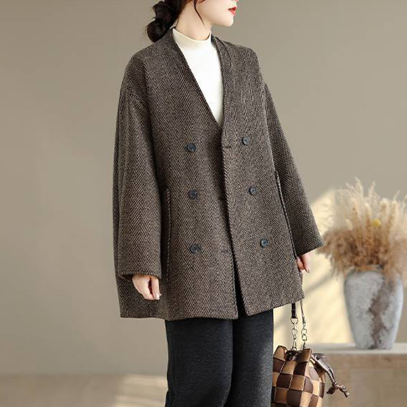 Cappotto da donna in cotone con maniche lunghe, scollo a V e strisce Buddha Stones con tasche - image 12
