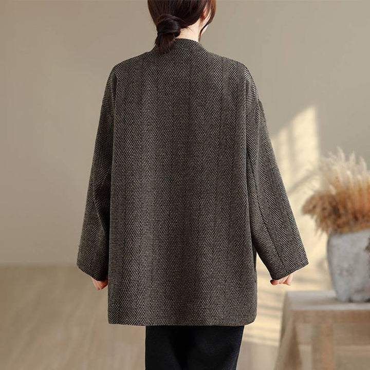 Cappotto da donna in cotone con maniche lunghe, scollo a V e strisce Buddha Stones con tasche - image 16