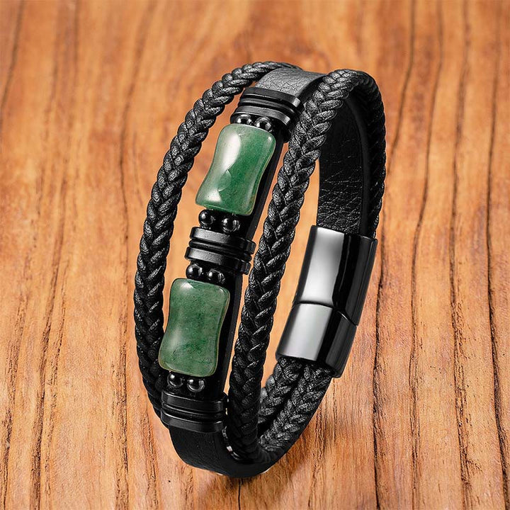 Bracciale in pelle intrecciata con Buddha Stones, avventurina verde, ametista, onice nero, cristallo rosa e positività - Avventurina verde - 18-22 cm - image 0