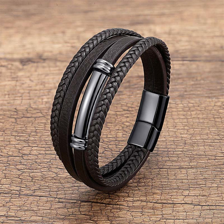 Bracciale con bilanciere in acciaio e titanio in pelle multistrato con design semplice Buddha Stones - Nero - 18-22 cm - image 0