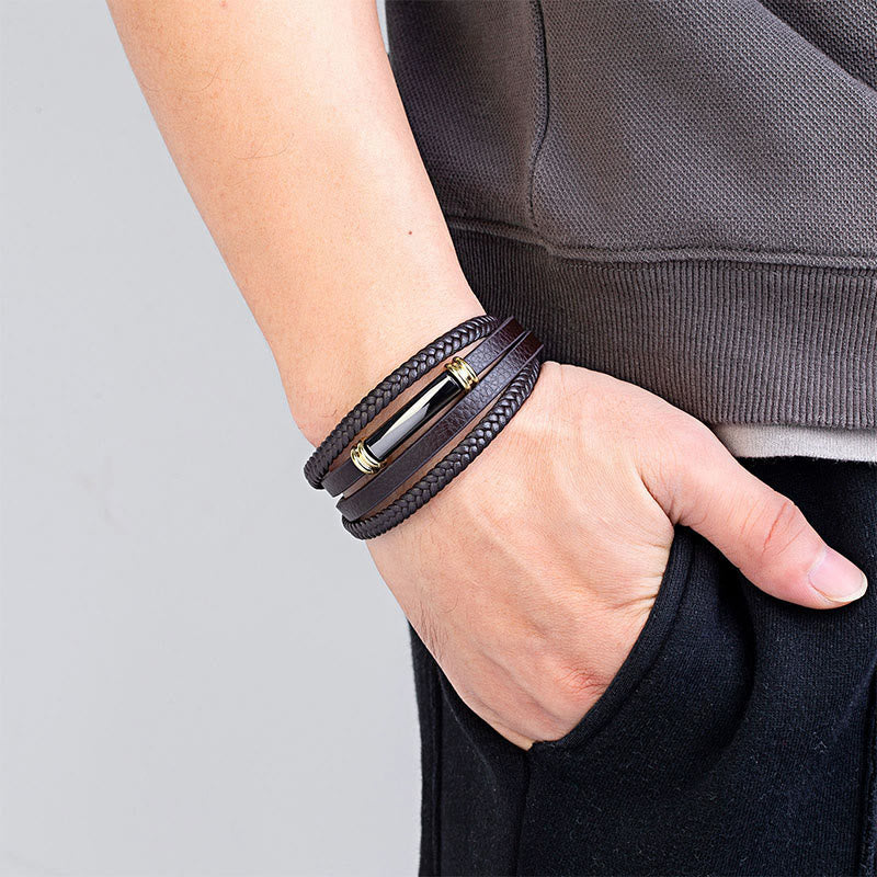 Bracciale con bilanciere in acciaio e titanio in pelle multistrato con design semplice Buddha Stones - image 7