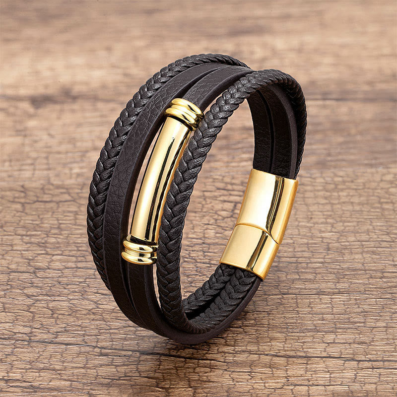 Bracciale con bilanciere in acciaio e titanio in pelle multistrato con design semplice Buddha Stones - Oro - 18-22 cm - image 4