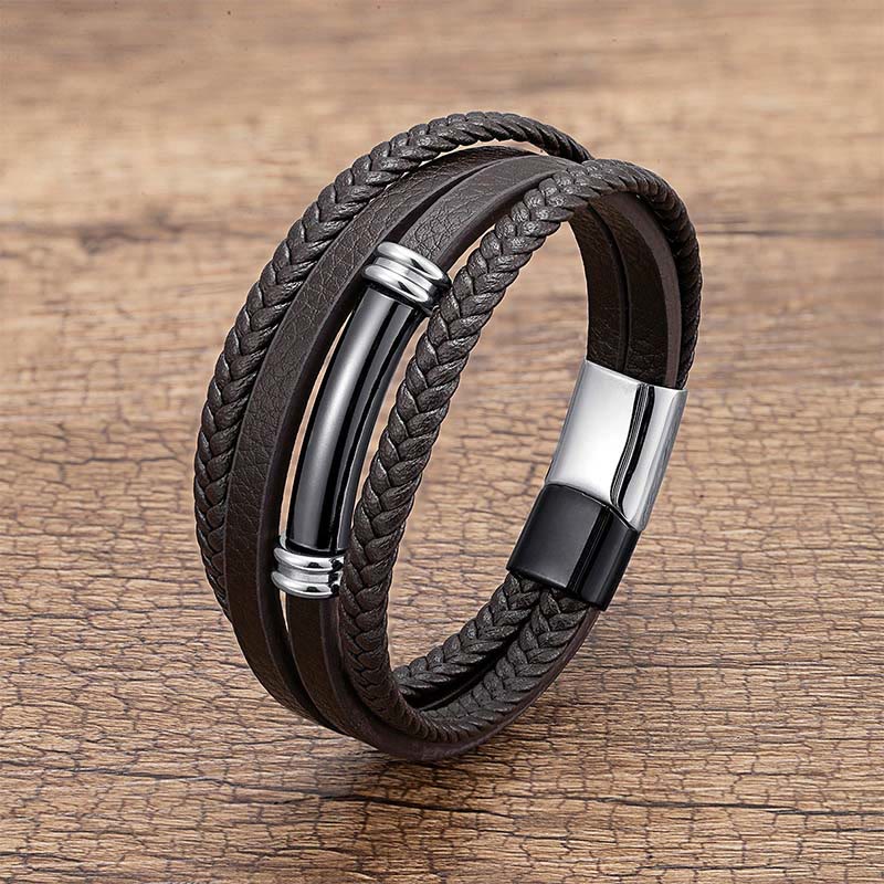 Bracciale con bilanciere in acciaio e titanio in pelle multistrato con design semplice Buddha Stones - Nero e argento - 18-22 cm - image 9