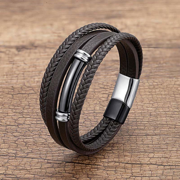 Bracciale con bilanciere in acciaio e titanio in pelle multistrato con design semplice Buddha Stones - Nero e argento - 18-22 cm - image 9