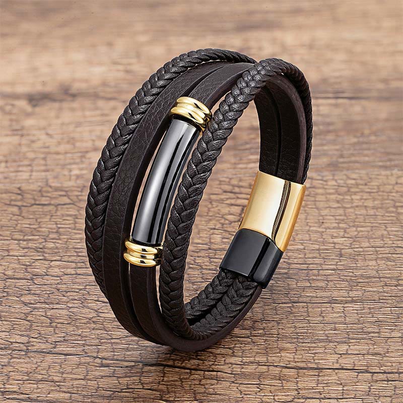 Bracciale con bilanciere in acciaio e titanio in pelle multistrato con design semplice Buddha Stones - Nero e oro - 18-22 cm - image 6