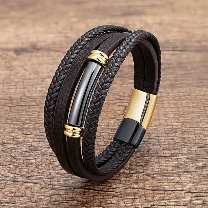 Bracciale con bilanciere in acciaio e titanio in pelle multistrato con design semplice Buddha Stones - Nero e oro - 18-22 cm - image 6