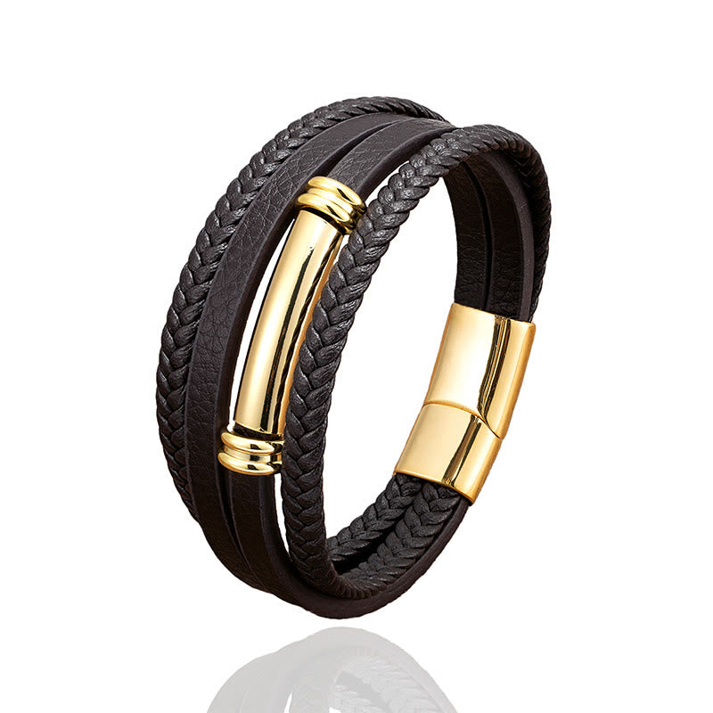 Bracciale con bilanciere in acciaio e titanio in pelle multistrato con design semplice Buddha Stones - image 5