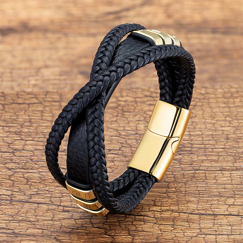 Bracciale in pelle e titanio con design intrecciato multistrato Buddha Stones - Oro - 18-22 cm - image 5
