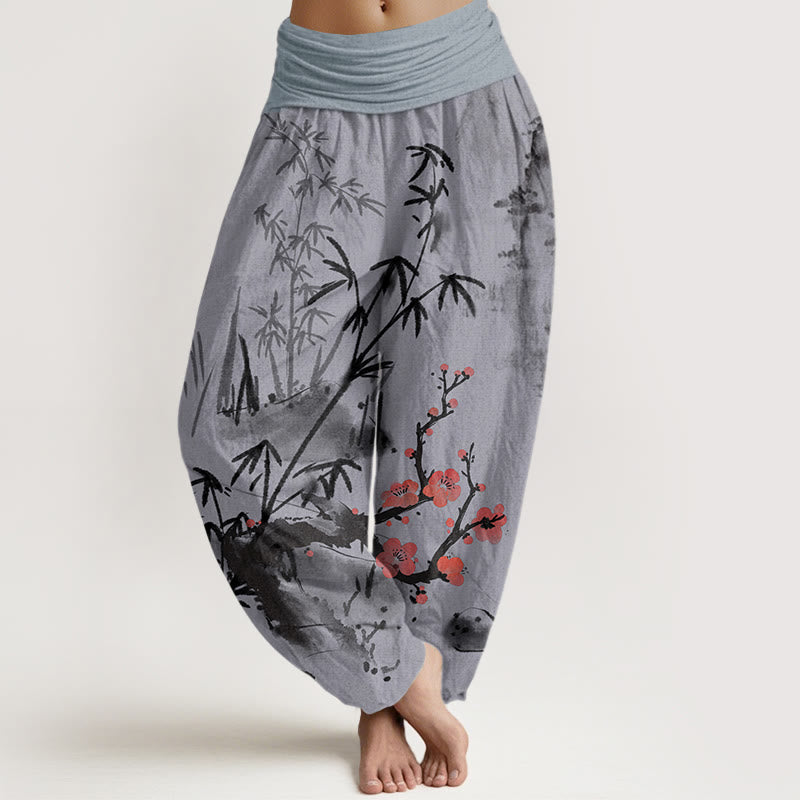 Pantaloni harem da donna con elastico in vita, motivo Buddha Stones Cotton Plum Blossoms Bamboo Orchids Chrysanthemums - Viola medio - US22, UK/AU26, EU54 (6XL) - image 7